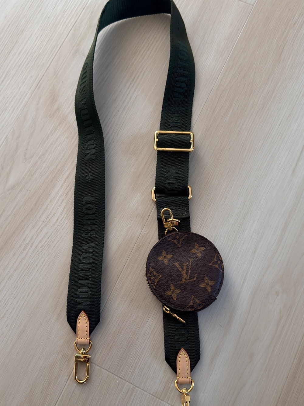 Authentic Louis Vuitton Green Strap with Brown Monogram Round Coin Pouch
